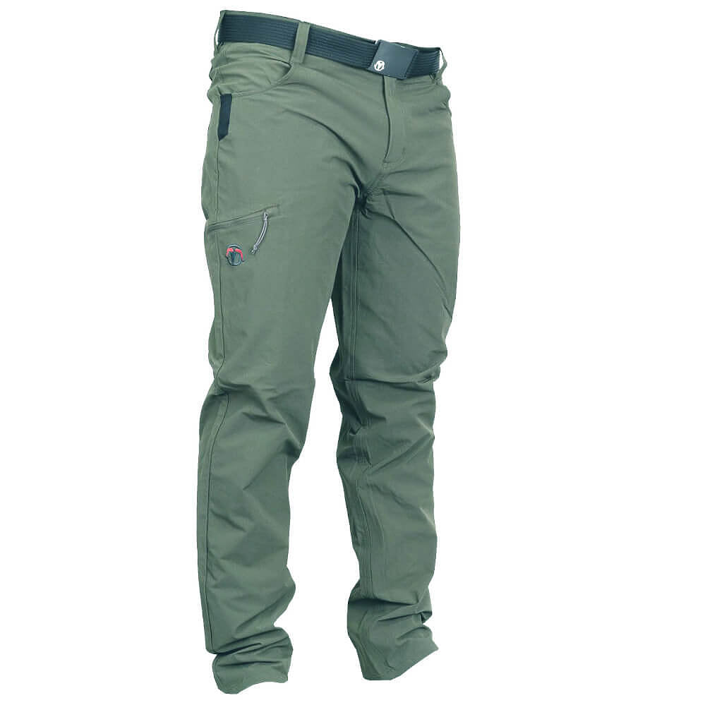 A pair of olive green technical outdoor pants with a dark green belt, shown on a plain white background.