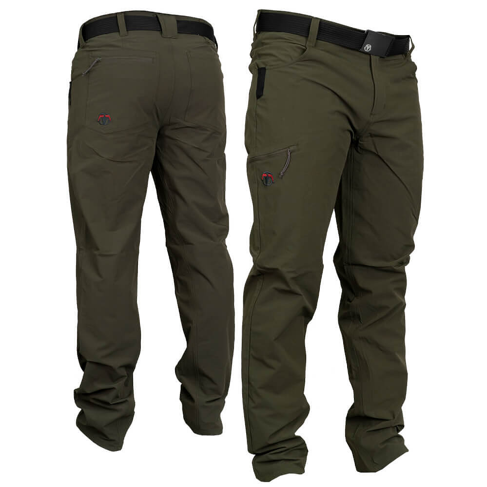 Two views of olive green outdoor pants with black belts, shown on a plain white background. One view shows the back with a back pocket, and the other shows the front with a side cargo pocket.