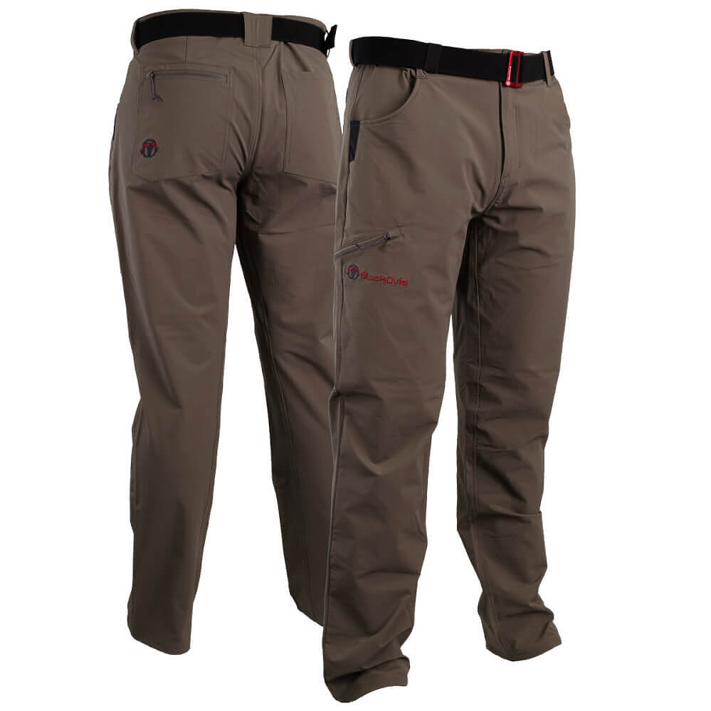A pair of brown technical outdoor pants shown from the back and side, featuring a black belt, zippered pockets, and a small red embroidered logo on a white background.