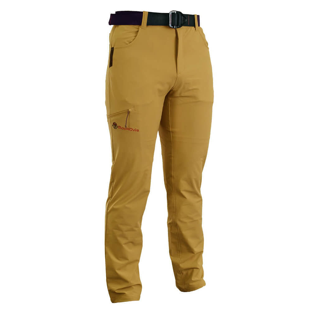 A pair of men's hiking pants in a camel/tan color, shown with a black belt. The pants feature a zippered cargo pocket on the left thigh with the' brand logo in red.