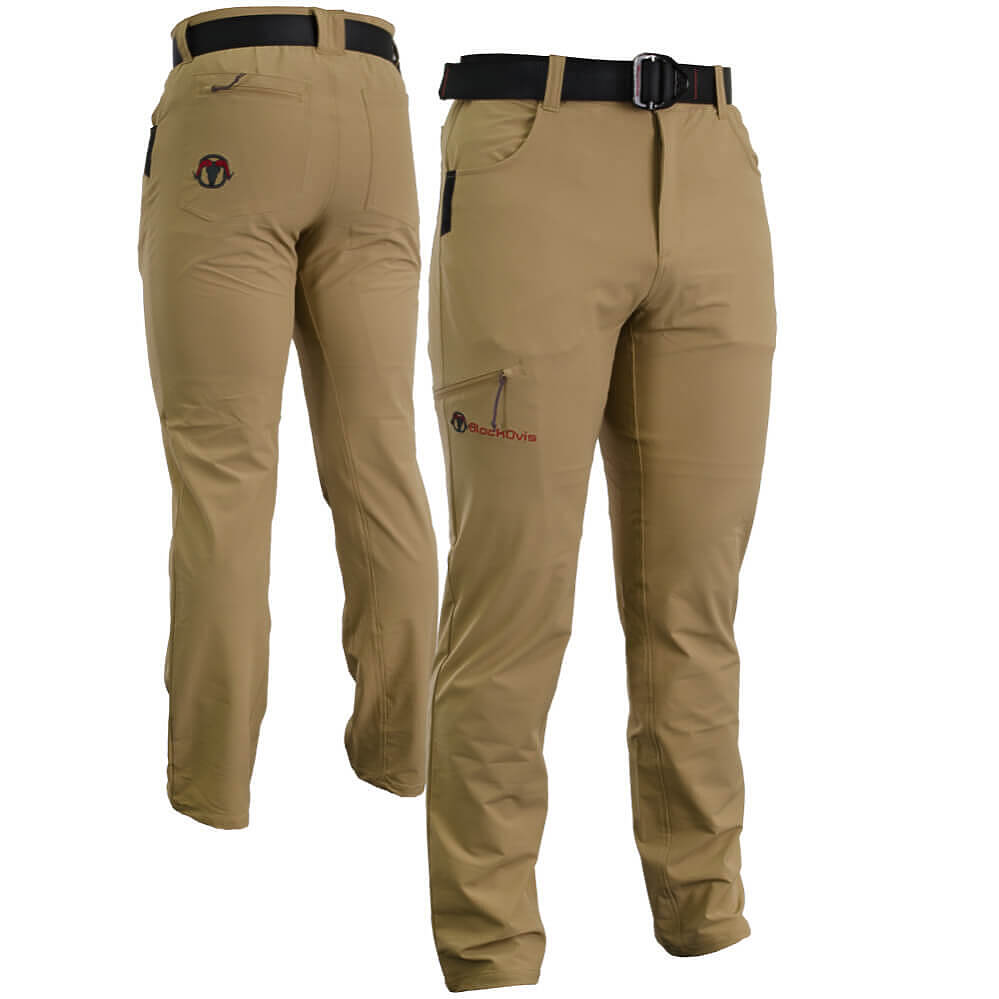 A pair of khaki outdoor pants shown from the back and front angles, featuring a black belt, cargo pocket, and a small red and black logo.