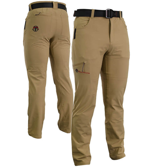 A pair of khaki outdoor pants shown from the back and front angles, featuring a black belt, cargo pocket, and a small red and black logo.
