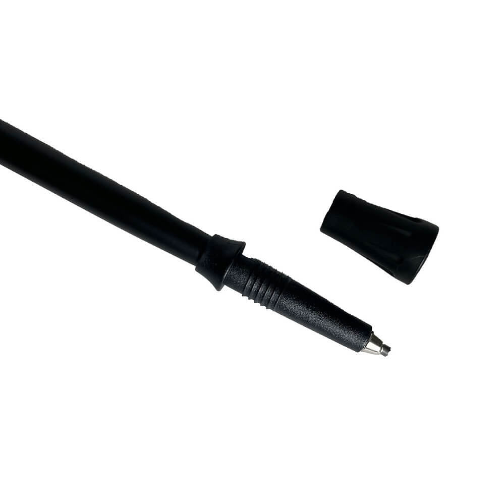 A close-up of a black walking pole shaft with its cap removed, showing the metal tip, on a plain white background.