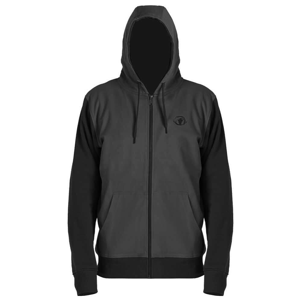A dark gray and black zip-up hoodie with a drawstring hood, front pockets, and a small circular chest logo, shown on a plain white background.