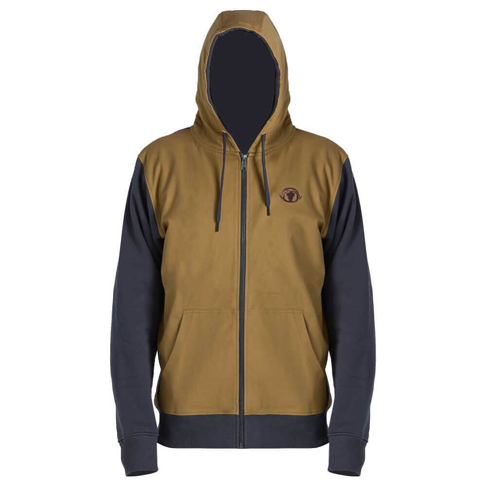 A men's zip-up hoodie with a tan body and dark navy sleeves, hood, and hem. It features a full front zipper, a kangaroo pocket, and a small embroidered logo on the left chest.