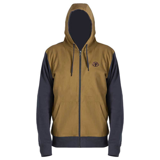 A men's zip-up hoodie with a tan body and dark navy sleeves, hood, and hem. It features a full front zipper, a kangaroo pocket, and a small embroidered logo on the left chest.