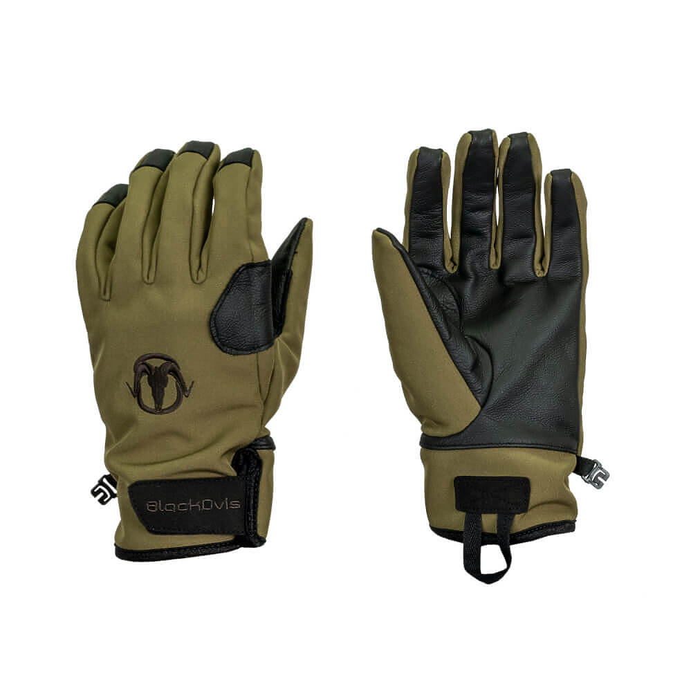 A pair of BlackOis outdoor gloves in olive green and black, shown from both the back and palm sides against a plain white background.