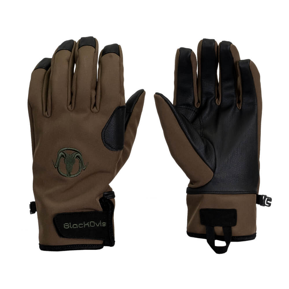 A pair of black and brown hunting gloves shown against a plain white background, displaying both the back and palm views.