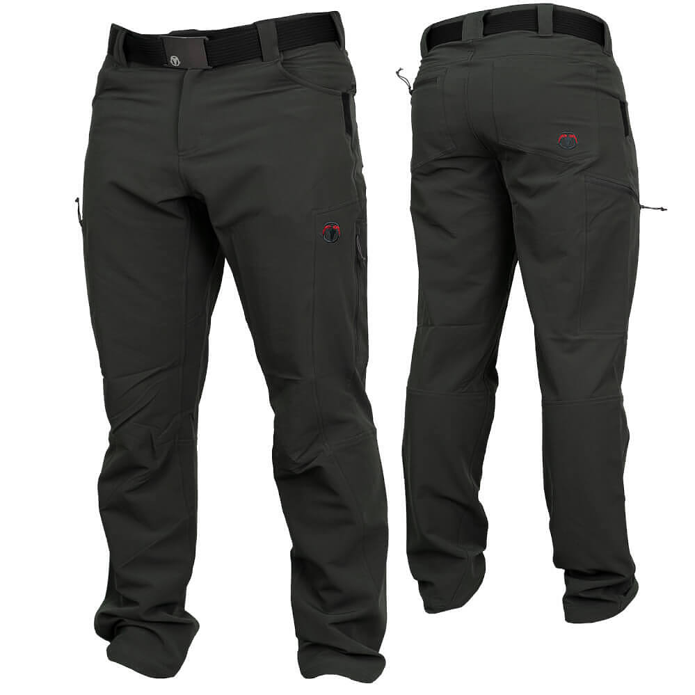 Front and back views of dark gray technical outdoor pants with a black belt, cargo pockets, and a small red logo on the back pocket, shown on a white background.