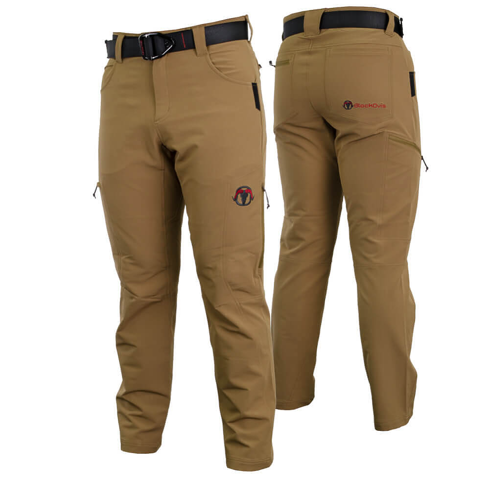 Front and back views of tan tactical pants with black belts, shown on a plain white background. The brand name 'Bosporus' is visible on the back pocket and as a logo patch on the front thigh.