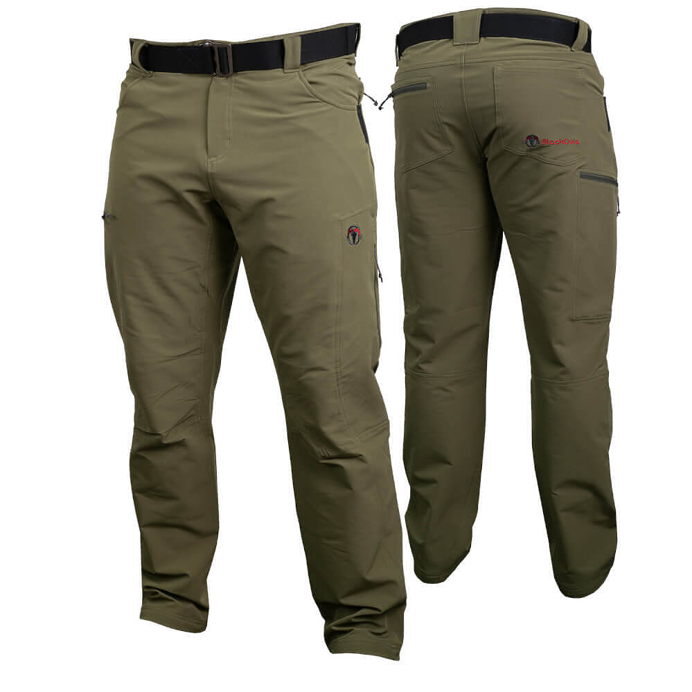 Two views of olive green outdoor pants with black belts, displayed on a clean white background. One view shows the front and the other shows the back with side pockets.