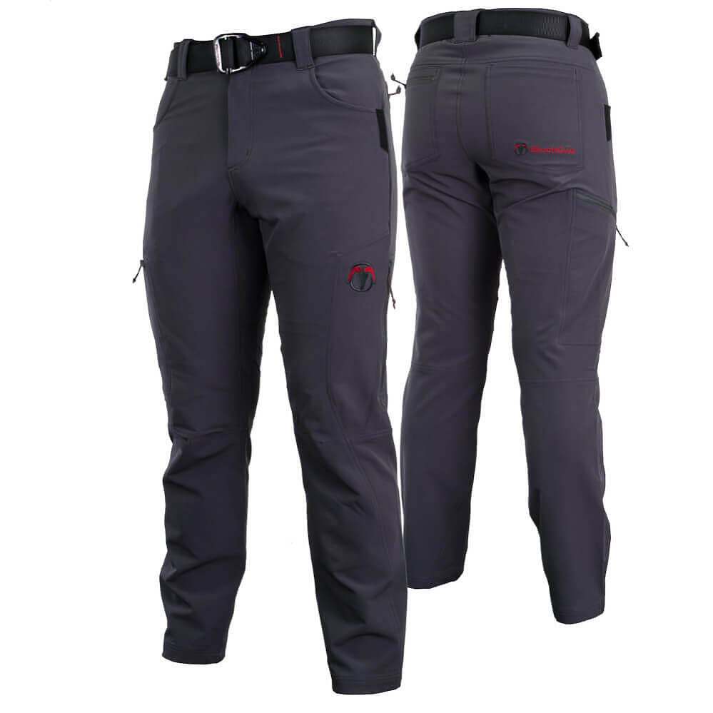 Front and back views of dark gray technical outdoor pants with a black belt, shown on a plain white background.