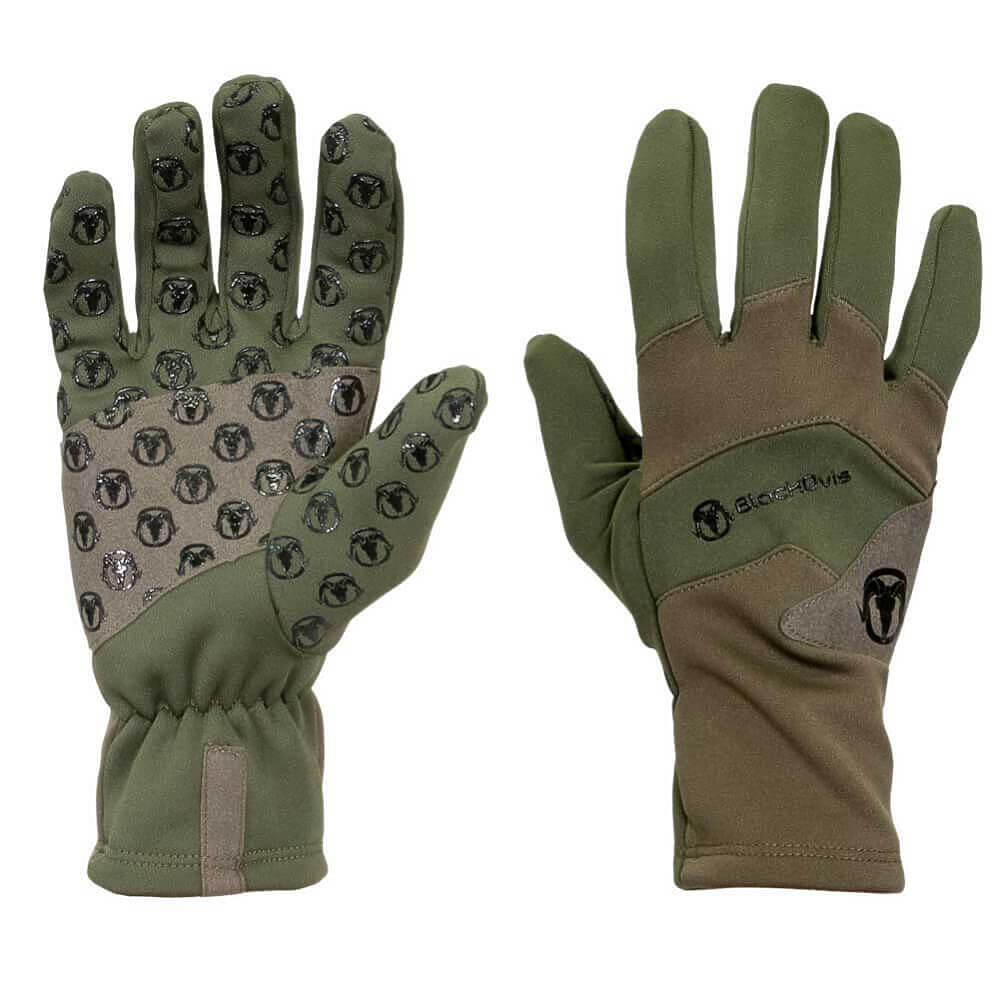 A pair of tactical gloves shown from both the back and palm sides on a plain white background. The gloves are olive green with tan panels and black grip dots on the palms.