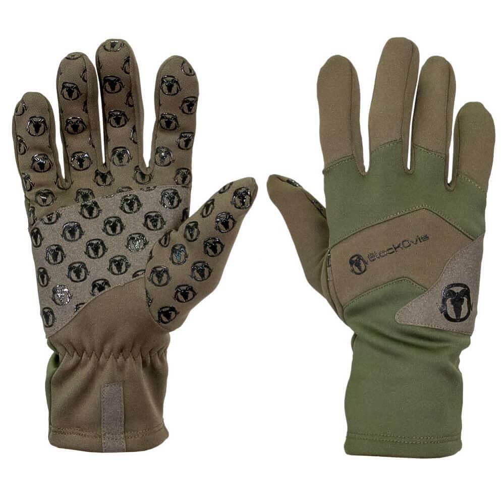 A pair of BlackOvis insulated gloves shown front and back on a plain white background. The left glove shows the back of the hand with tan fingertips and backs, covered in small black circular logos.