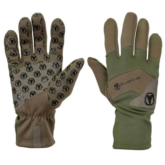 A pair of BlackOvis insulated gloves shown front and back on a plain white background. The left glove shows the back of the hand with tan fingertips and backs, covered in small black circular logos.