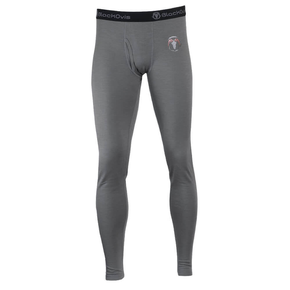 A pair of gray full-length compression leggings with a black elastic waistband featuring the 'BlackOvis' brand name, shown against a plain white background.