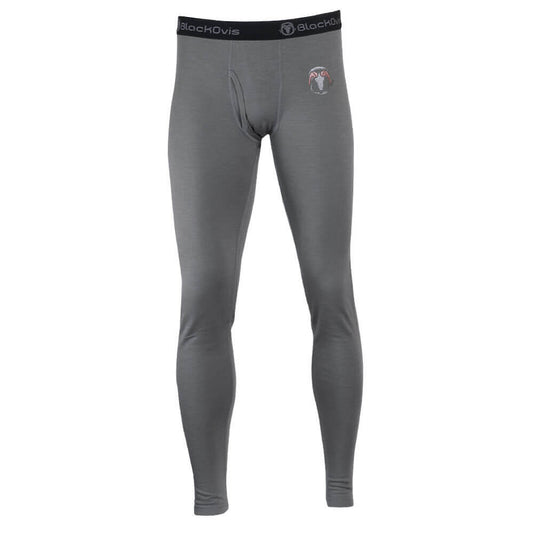 A pair of gray full-length compression leggings with a black elastic waistband featuring the 'BlackOvis' brand name, shown against a plain white background.