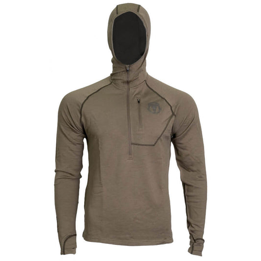A men's long-sleeve half-zip hooded pullover in a muted taupe-brown color, featuring a black face mask insert inside the hood and a tonal chest logo, shown on a plain white background.