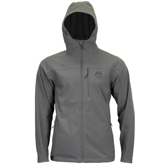 A gray hooded jacket with a full front zipper, zippered chest pocket, and a small circular logo on the left chest, displayed on a white background.