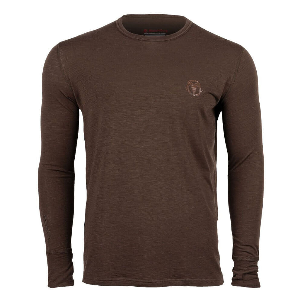 A dark brown long-sleeve crewneck shirt with a small circular embroidered logo on the left chest, displayed on a clean white background.