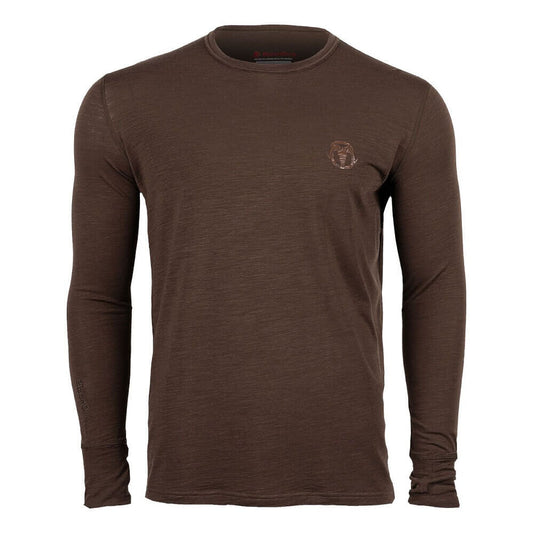 A dark brown long-sleeve crewneck shirt with a small circular embroidered logo on the left chest, displayed on a clean white background.