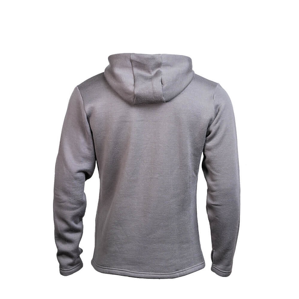 A gray long-sleeve hoodie shown from the back, displayed on a clean white background.