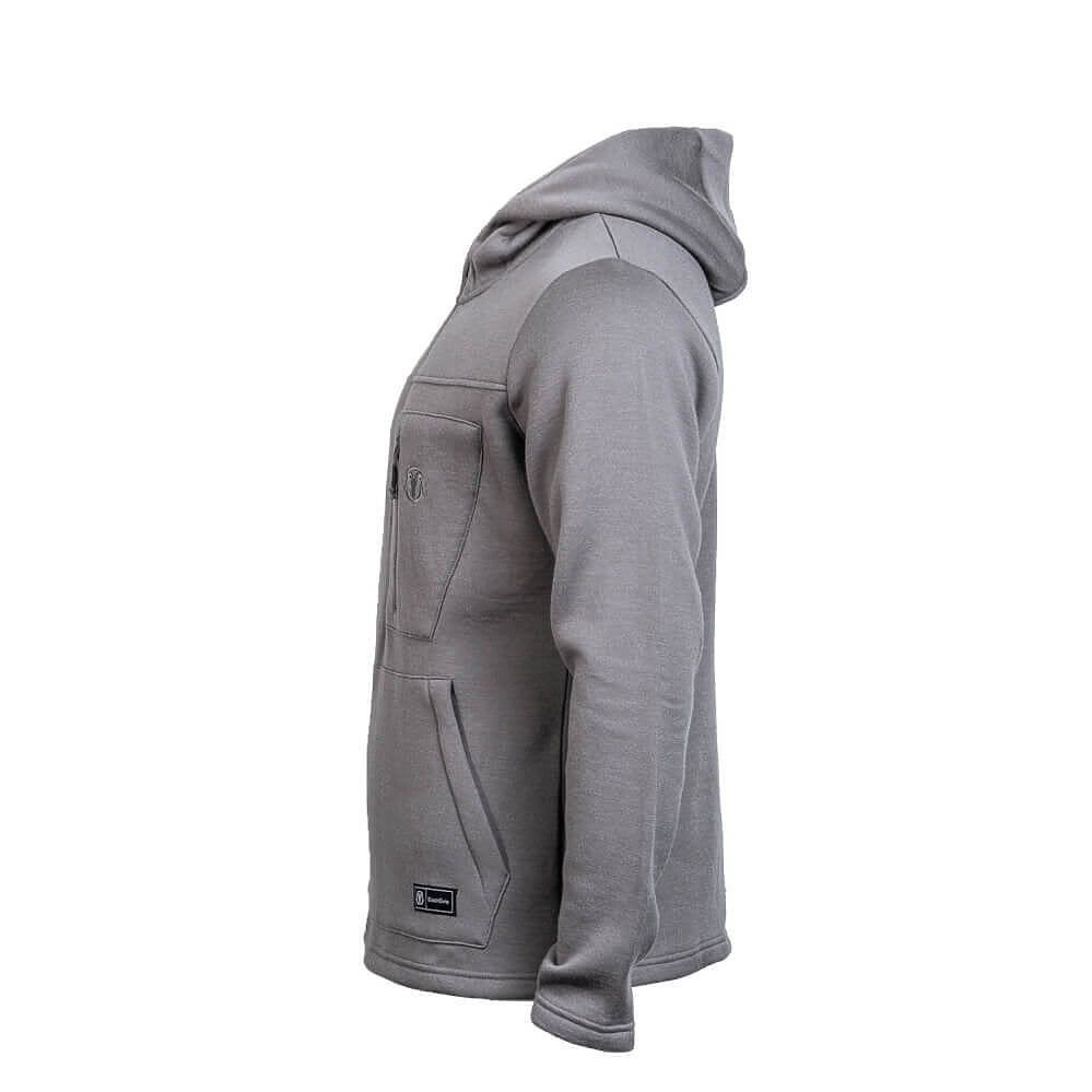 A gray pullover hoodie shown from the side profile against a solid white background.