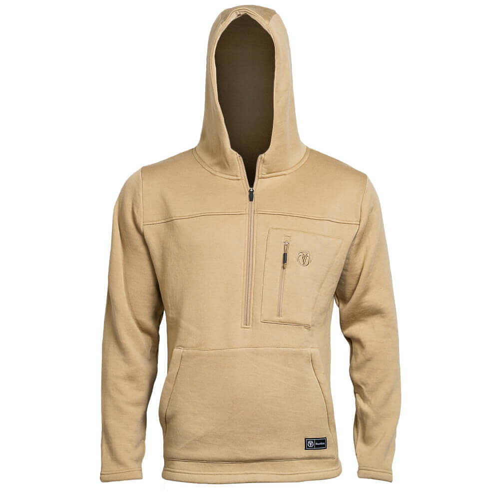 A tan quarter-zip fleece pullover hoodie with a kangaroo pocket and a small embroidered logo on the chest pocket, displayed on a white background.