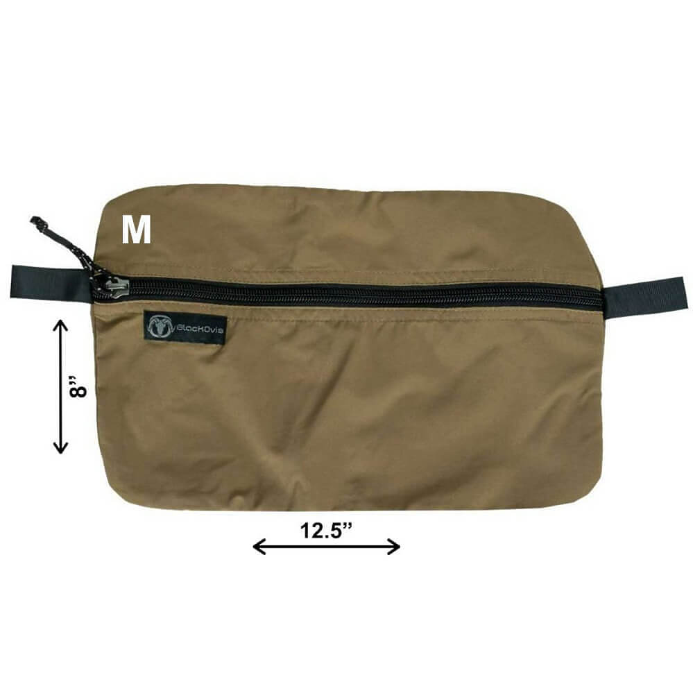 A tan pouch with a black zipper and black strap, shown with dimension arrows and labels indicating 8 inches by 12.5 inches, on a white background.