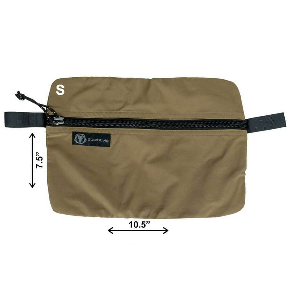 A tan waist bag with a black zipper and black strap, shown on a white background with dimension lines indicating 7.5 inches in height and 10.