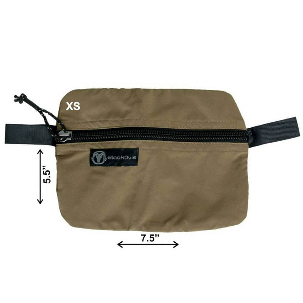 A small tan zippered pouch with black straps and a black logo patch reading 'BlackOvis' on a white background, with dimension arrows and labels showing 5.5 inches height and 7.