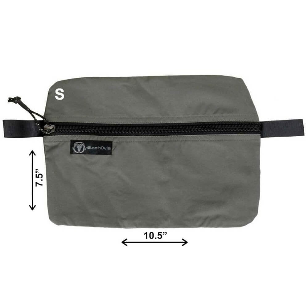 A gray waist bag with a black zipper and black strap, shown with dimension arrows indicating 10.5 inches by 7.