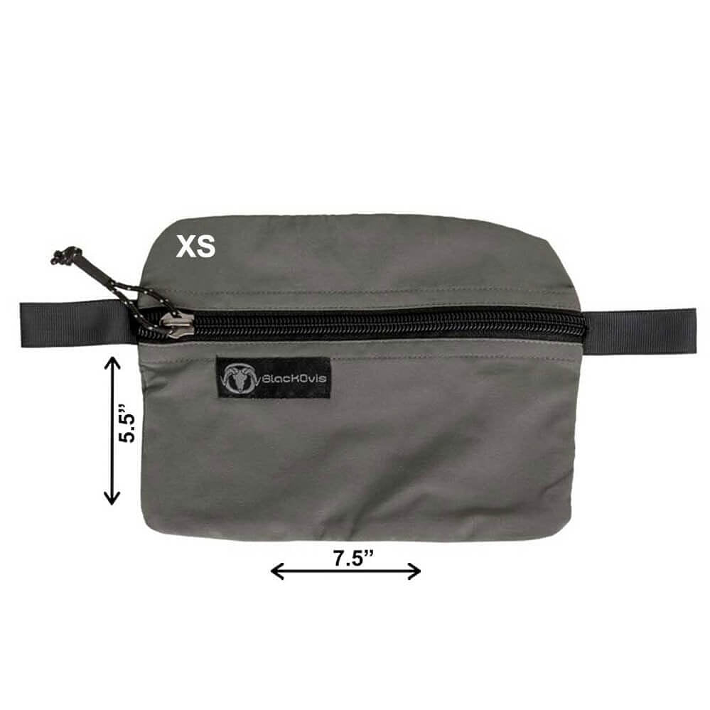 A gray waist bag with black zipper and strap, shown on a white background with dimension arrows indicating 5.5 inches by 7.