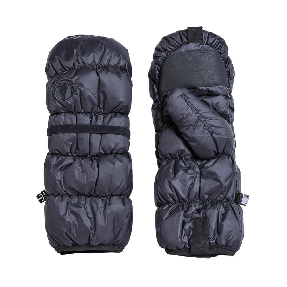 A pair of black puffer arm warmers shown from both the front and back views on a solid white background.