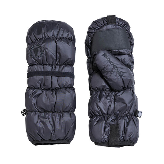 A pair of black puffer arm warmers shown from both the front and back views on a solid white background.