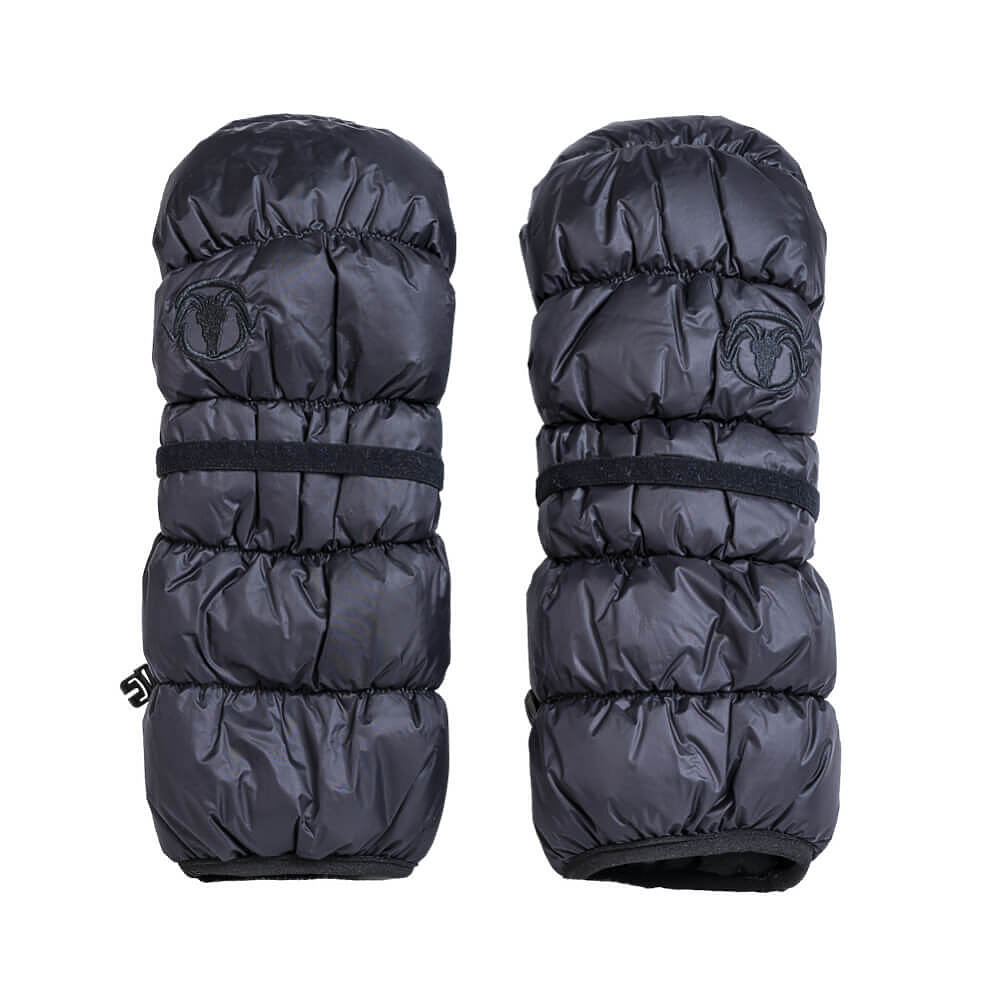 A pair of black puffer arm warmers with horizontal compression straps and a black logo patch on the upper section, displayed against a solid white background.