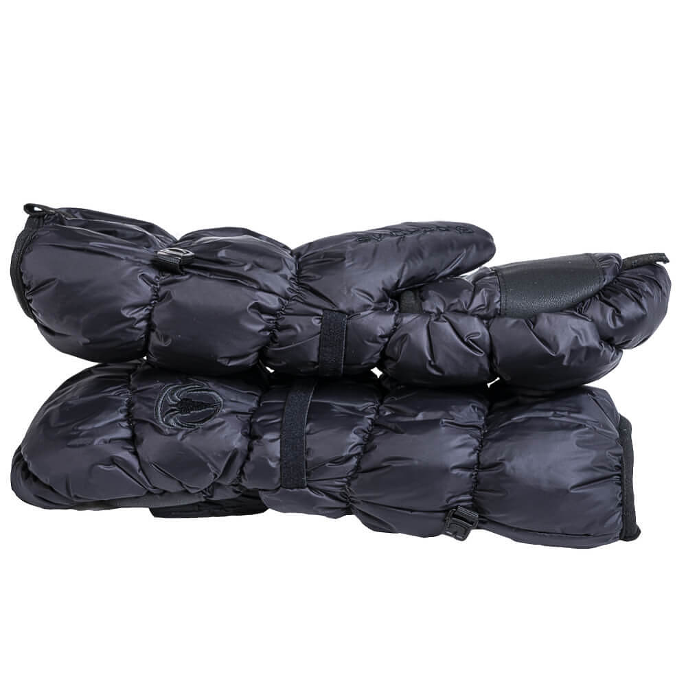 A pair of black puffer-style winter gloves folded and stacked on a plain white background.