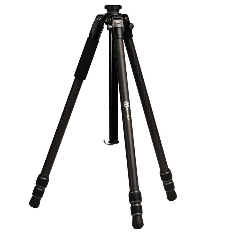 A black tripod with a metal head and three adjustable legs, shown on a plain white background.