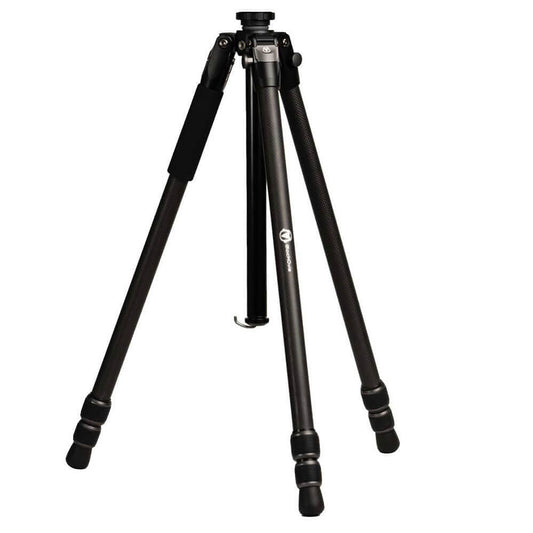 A black tripod with a metal head and three adjustable legs, shown on a plain white background.