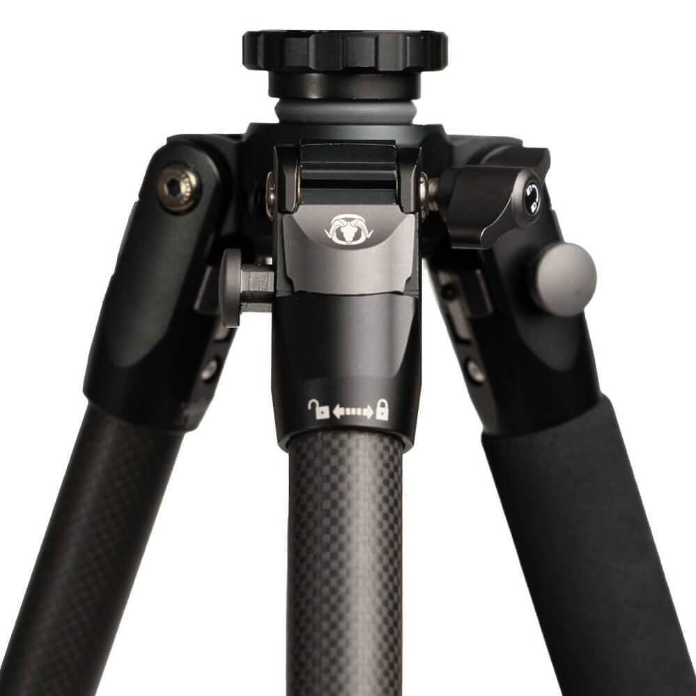 Close-up of a tripod head and center column showing the quick-release clamp, locking mechanism, and carbon fiber texture on a white background.