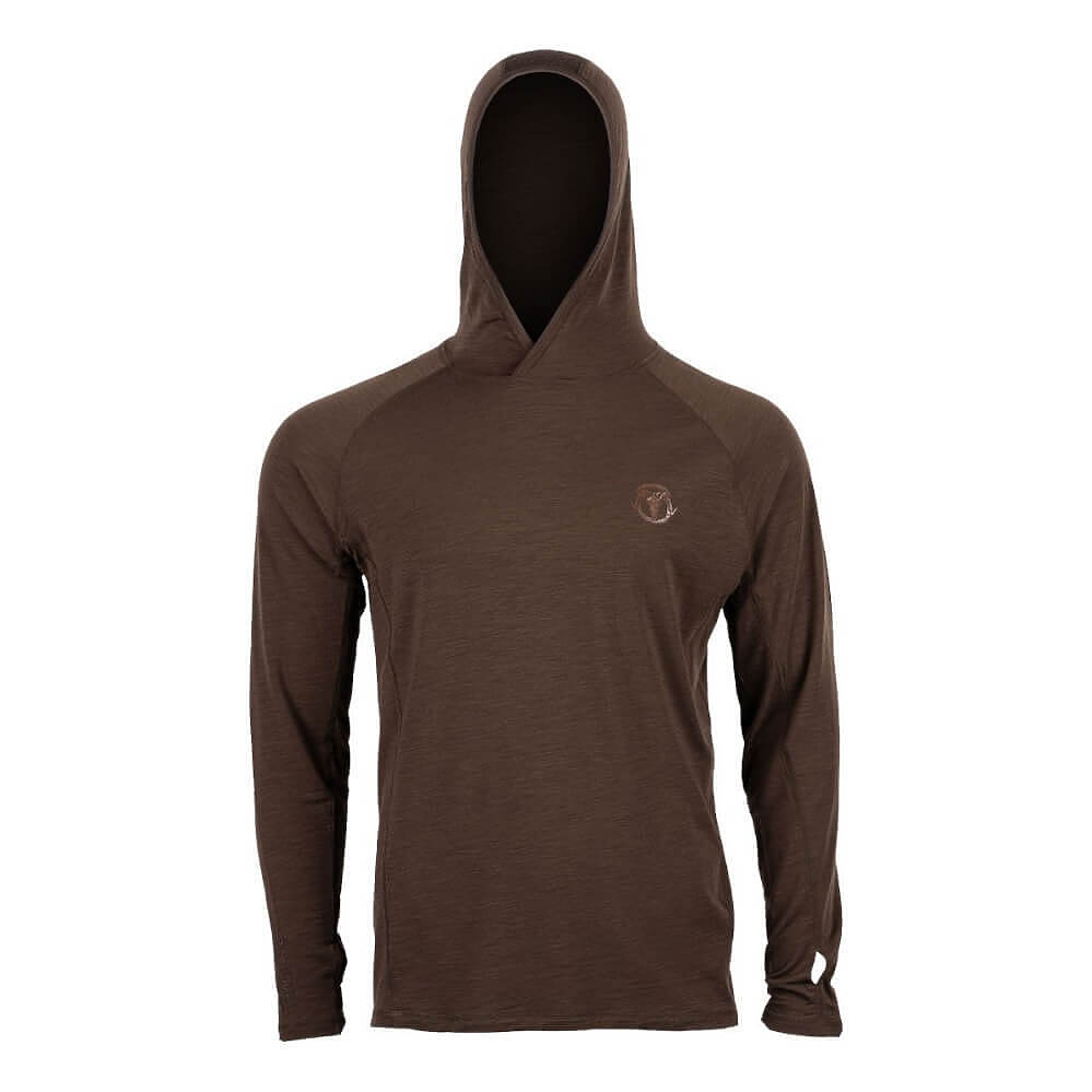 Brown hoodie with a logo on a white background