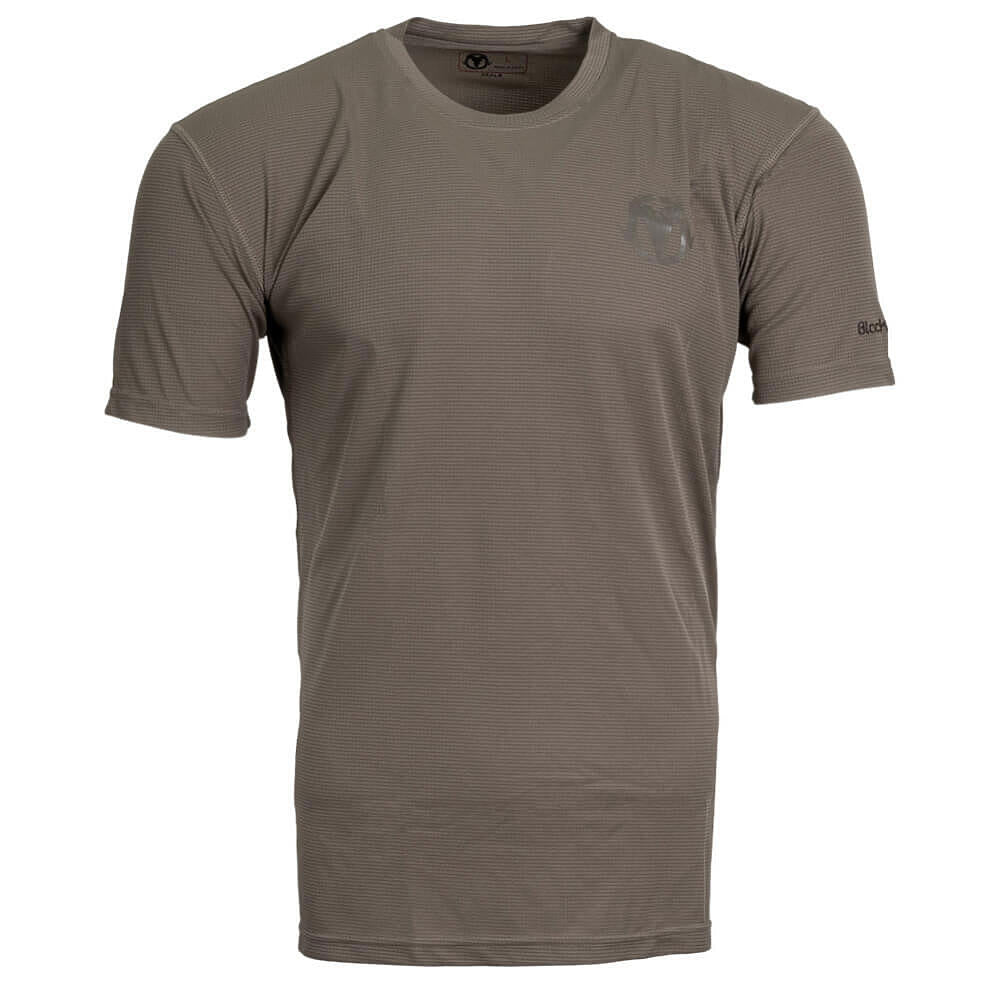 A short-sleeve crewneck athletic t-shirt in a muted taupe-brown color, featuring a subtle tonal logo on the left chest and a small 'Bock' brand mark on the right sleeve, displayed on a clean white background.