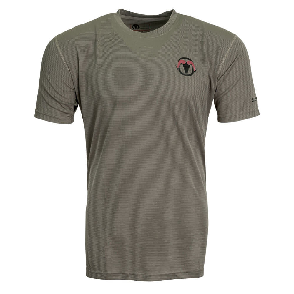 An olive green short-sleeve athletic t-shirt with a small circular logo on the left chest, displayed on a clean white background.