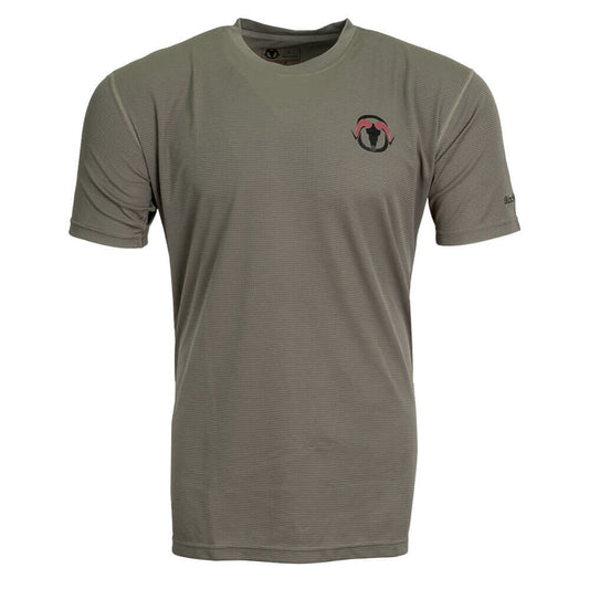 An olive green short-sleeve athletic t-shirt with a small circular logo on the left chest, displayed on a clean white background.