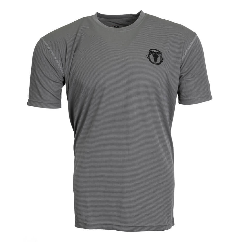 A gray short-sleeve athletic t-shirt with a black ram logo on the left chest, displayed on a clean white background.