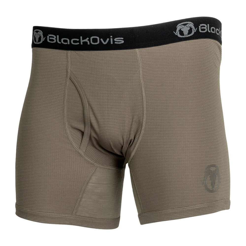 A pair of men's boxer briefs in a textured olive-brown fabric, featuring a black waistband with the brand name 'BlackOvis' printed in white. The shorts have a contoured pouch design and a small tonal logo on the lower left leg.