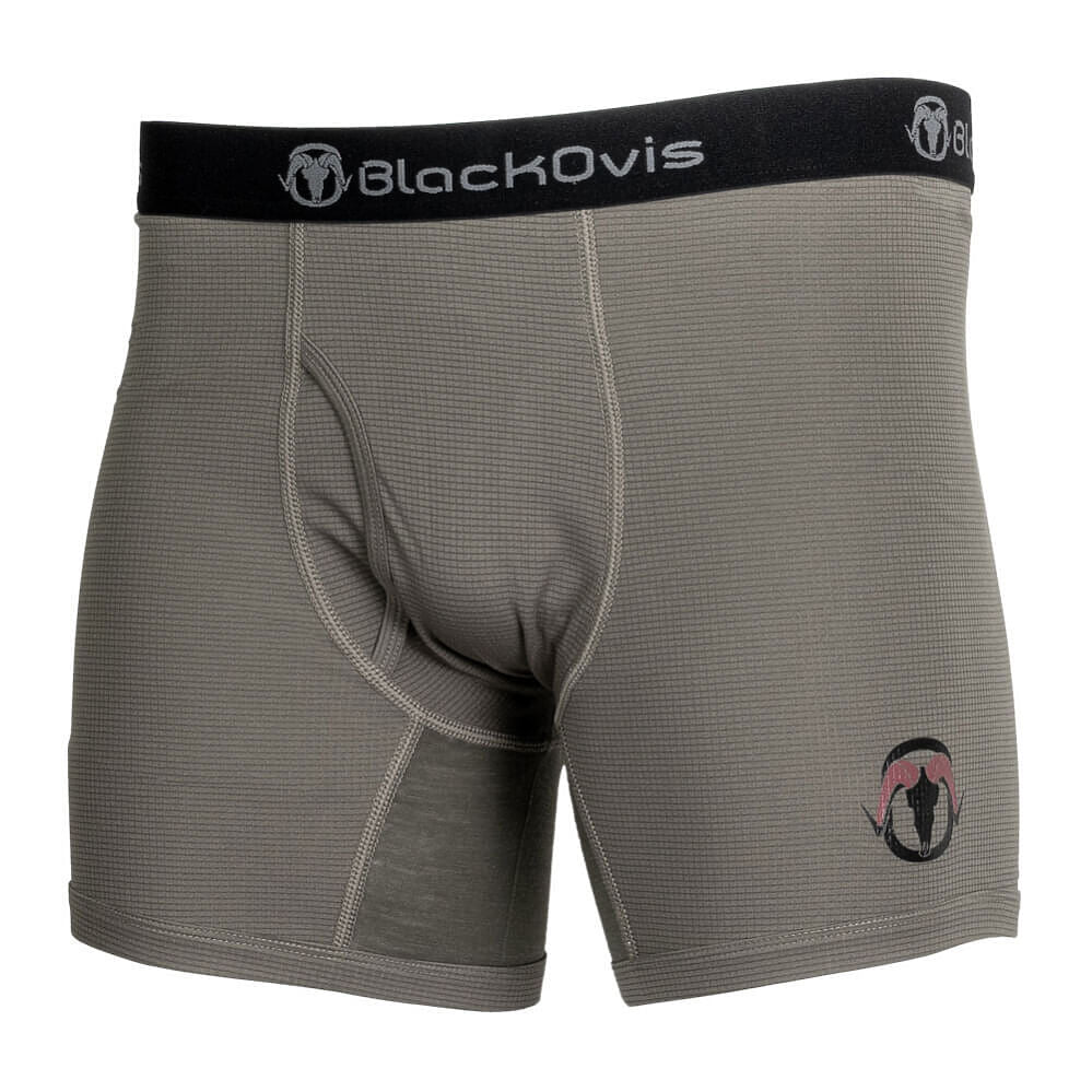 Gray textured boxer briefs with a black elastic waistband featuring the BlackOvis brand name and logo, and a small pink and black logo on the lower left leg.