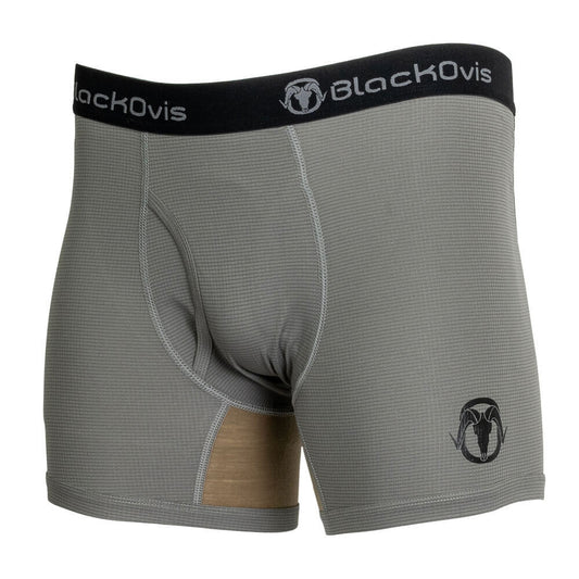 Gray textured boxer briefs with a black elastic waistband featuring the BlackOvis brand logo, a small black logo on the lower left leg, and a brown inner lining visible at the front opening.