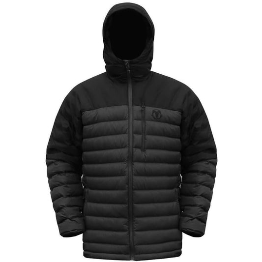 A black hooded puffer jacket with horizontal quilting, a full-zip front, and a small circular logo on the left chest, shown against a plain white background.