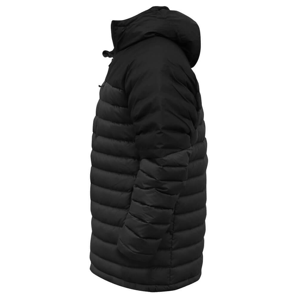 A black hooded puffer jacket shown from a side profile view against a plain white background.